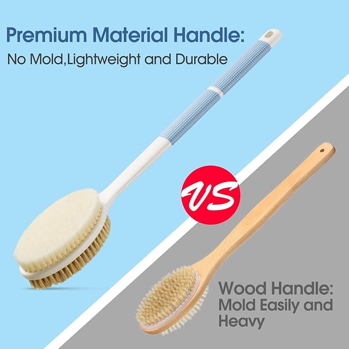 Back Scrubber Anti Slip for Shower,Shower Brush Long Handle with Stiff and Soft Bristles,Body Exfoliator for Bath or Dry Brush(Blue)
