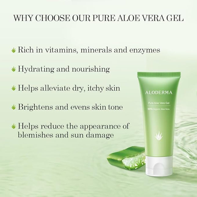 Aloderma 99% Organic Aloe Vera Gel Made within 12 Hours of Harvest, Easy Travel Size Tube for Body, Face, & Scalp, Cooling, Soothing Instant Relief for Skin & Sunburn, Hydrating Aloe Gel, 1.5oz