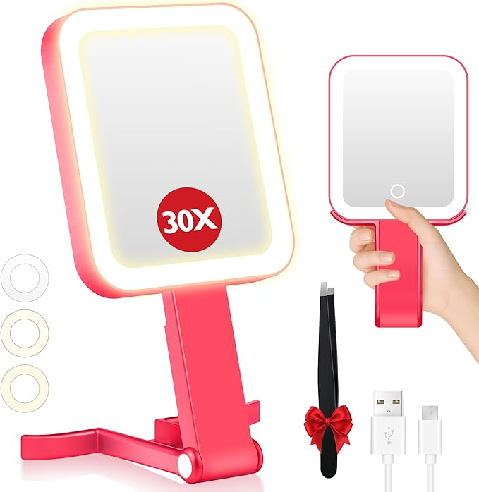B Beauty Planet Small Travel Makeup Mirror with Lights(10" L x 5" W), Double-Sided 1X/30X Magnifying Mirror, 3 Color Lighting & Brightness Adjustable, Portable &Foldable Mirrors with Light (Red)