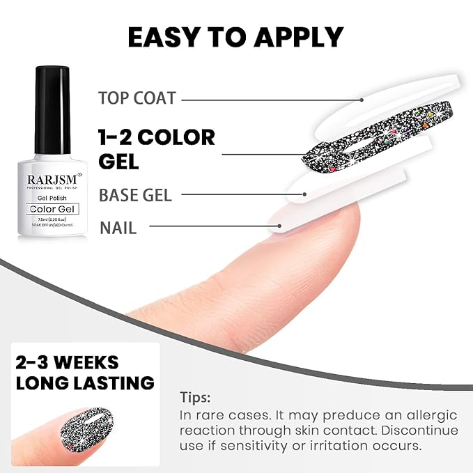 RARJSM Reflective Glitter Gel Polish Black Sequins Sparkling Glitter Iridescent Shimmer Gel Disco Glitters Sparkle Diamond Holographic Gel Soak off Nail Art Design Salon DIY at Home