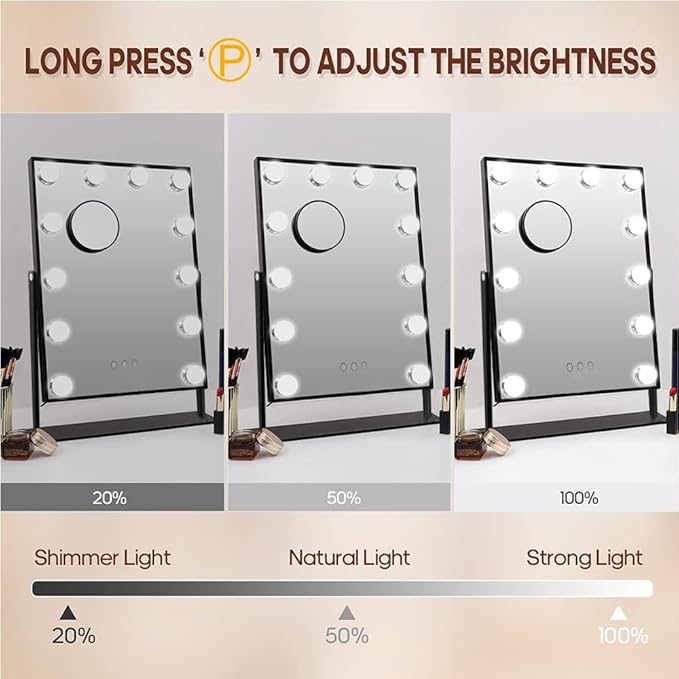 Hansong Black Vanity Mirror Makeup Mirror with Lights 12 Dimmable LED Bulbs Lighted Makeup Mirror Touch Screen Control 10X Magnification