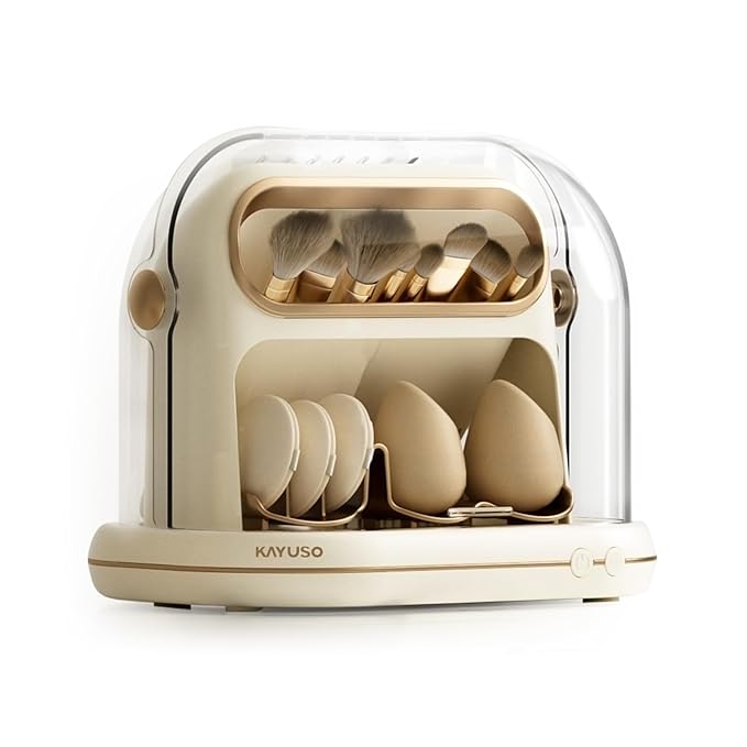 KAYUSO Electric Makeup Brush Dryer Machine, 3 in 1 Automatic Makeup Brush Dryer and Storage with Cover, Timed Cleaning Tool for Most Size Brushes and Sponges