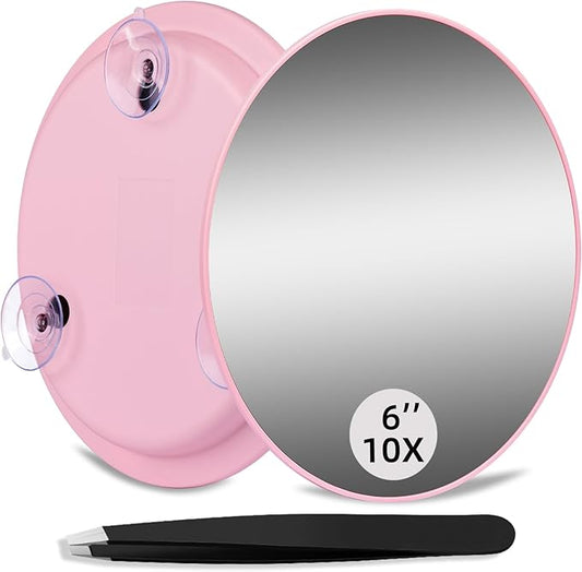 10X Makeup Magnifying Mirror, Round 6inch Travel Magnified Mirror with 3 Suction Cups Mounting, 10X Handheld Travel Magnification and Tweezers Kit, Use for Blackhead/Blemish Removal