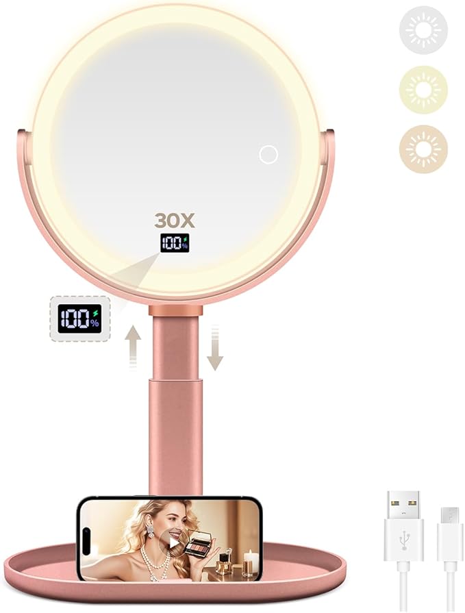 MIYADIVA Makeup Mirror with Lights, 30X/1X Magnifying Mirror with Digital Display, Height Adjustable Tabletop Mirrors, Detachable for Travel, Vanity Mirrors with Phone Holders, Rose Gold