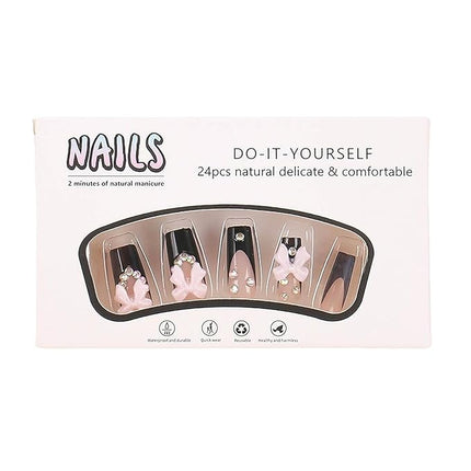 RUOKEXIN Long Square Press-on Nails: French Tip False Nails with Bow Rhinestones Designs - Pink, Black, Sparkly, Artificial 24Pcs