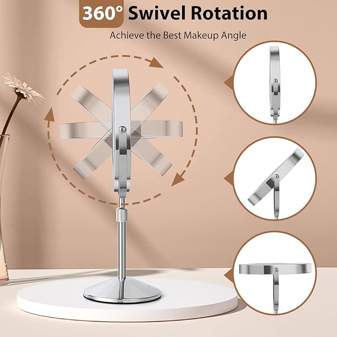 8" Lighted Makeup Mirror with Adjustable Height, 1X/10X Magnification, Rechargeable LED Vanity Mirror with 3 Color Modes, 360° Rotating Touch Screen, Magnifying Tabletop Cosmetic Mirror