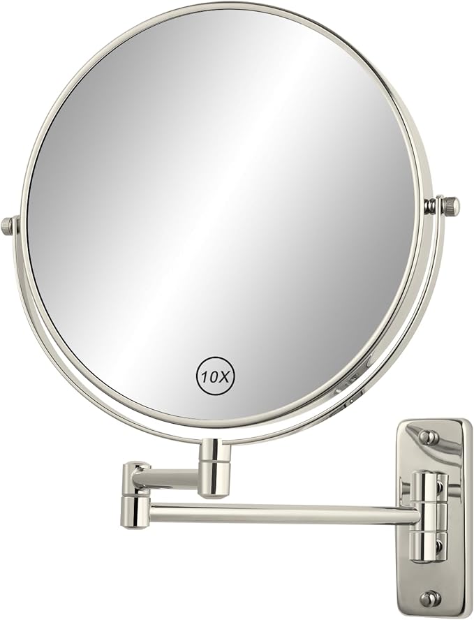 8" Wall Mount Magnifying Mirror, 1X/10X Double-Sided Makeup Mirror Wall Mounted with Extendable Folding Arm, 360° Rotation, Brushed Nickel, Perfect for Shaving & Makeup in Bathroom (No Light)