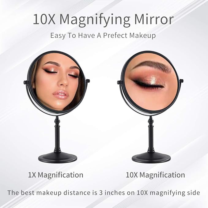 Black Makeup Mirror 1X/10X Free Standing 8 Inches 360 Swivel Dual-Sided Tabletop Makeup Mirror, Metal