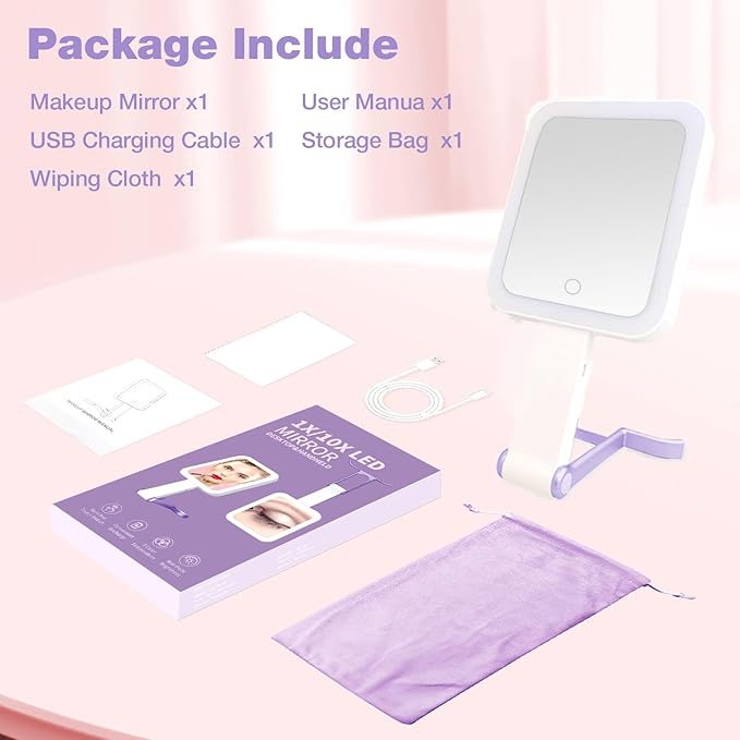 Portable Travel Makeup Mirror with Lights, Double Sided 1X/10X Magnifying Mirror, 3 Color Adjustable Lighting Touch Screen, Rechargeable Lighted Beauty Mirror, Tabletop Handhold Hanging (Purple)