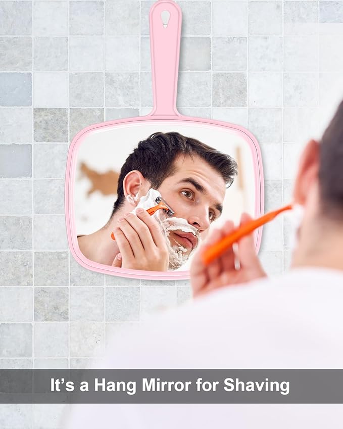 PROTECLE Large Hand Mirror, Salon Barber Hairdressing Handheld Mirror with Handle (Square Pink 10.3"x7.4")