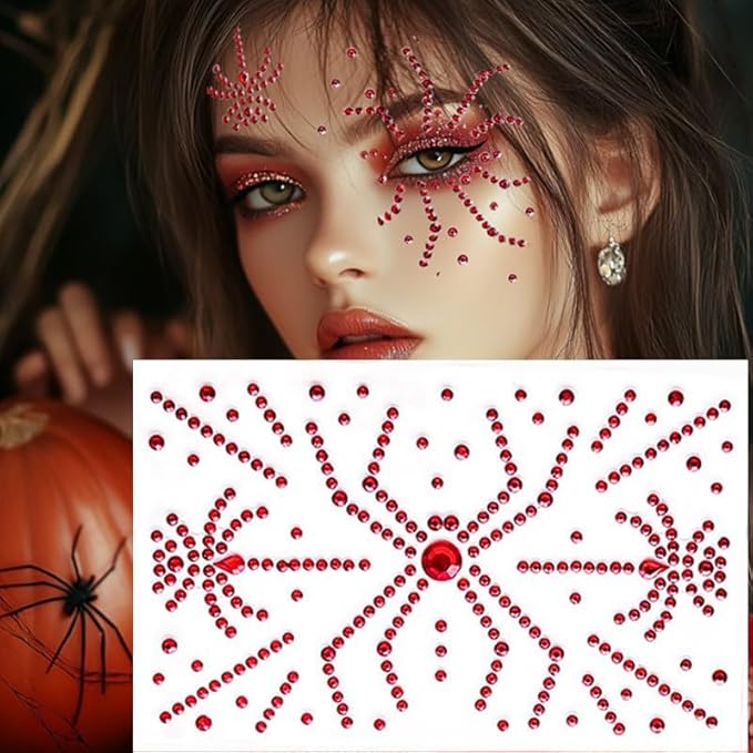 Face Jewels Stick on Face Costume Black Red Gems Self-Adhesive Makeup Halloween Dress Up Rhinestone Stickers for Festival Holiday Party Accessories (blackred_spider)