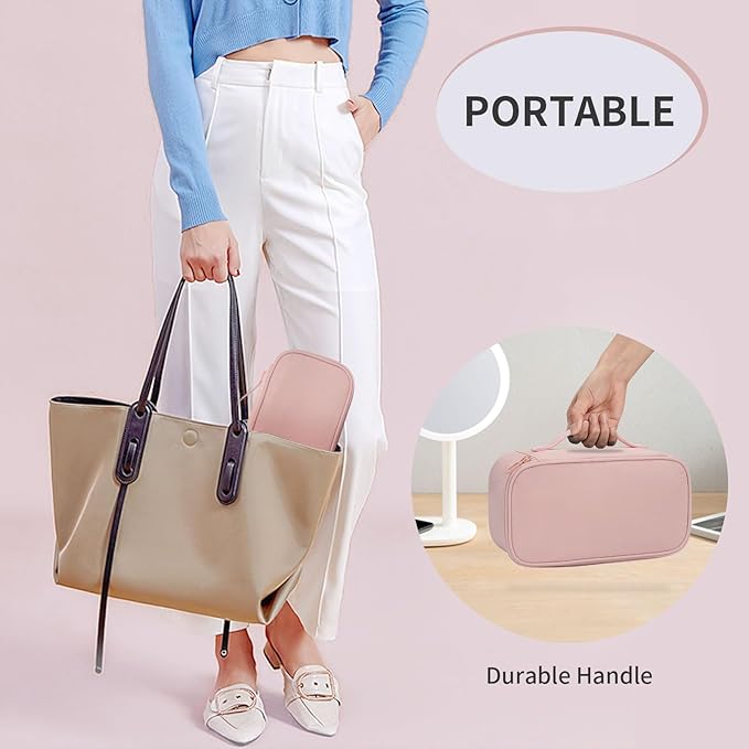 OCHEAL Small Makeup Bag,Portable Cute Travel Makeup Bag Pouch for Women Girls Makeup Brush Organizer Cosmetics Bags with Compartment-Pink