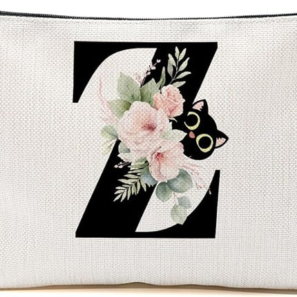 Floral Cat Initial Makeup Bag, Personalized Skin Care Bag, Travel Organizer Toiletry Bags for Women Mom Friends, Cosmetic Bags Makeup Pouch with Zipper, Letter Z