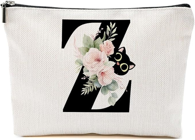 Floral Cat Initial Makeup Bag, Personalized Skin Care Bag, Travel Organizer Toiletry Bags for Women Mom Friends, Cosmetic Bags Makeup Pouch with Zipper, Letter Z
