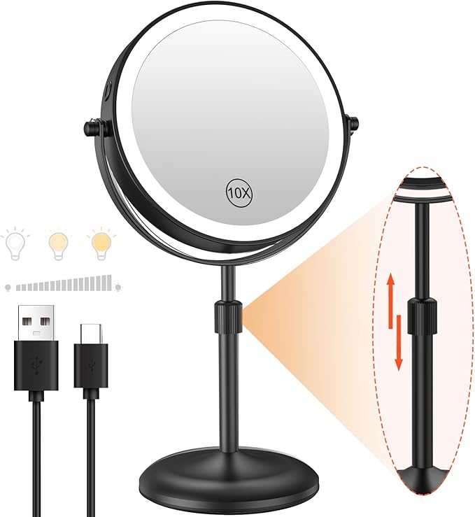 Benbilry Lighted Makeup Mirror with 10X Magnification & 3 Color Lights, Adjustable Brightness & Height, 7 Inch 360° Swivel Rechargeable LED Magnifying Make Up Mirror with Lighting (Black)
