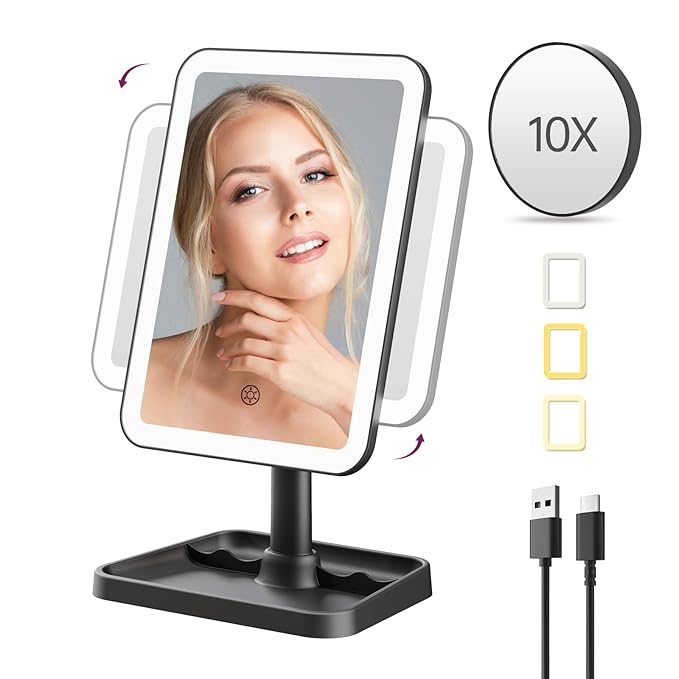 FUNTOUCH Rechargeable Lighted Mirrors for Makeup, 2000mAh, 10X Magnification/3 Color Lighting Portable Tabletop Cosmetic Make Up Mirror, 360° Rotation Led Light up Mirrors with Storage
