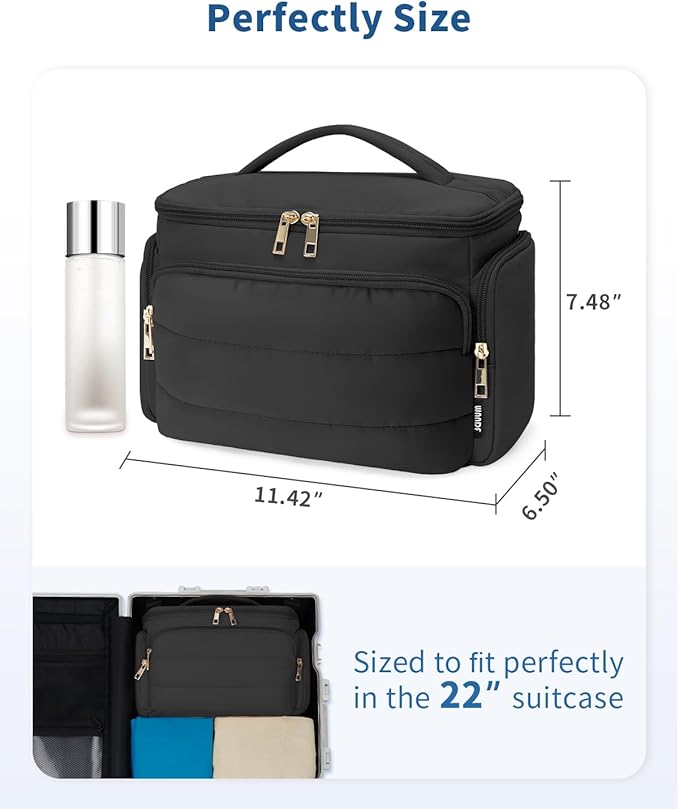 WANDF Travel Toiletry Bag for Women, Wide-open Large Makeup Bag with Handle, Puffy Makeup Organizer for Toiletries, Cosmetics, Accessories, Essentials (Black)