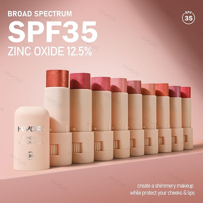 KYDA 2 Colors Mineral Color Balm, SPF 35, Buildable Shimmer Color for Lip and Cheek, Natural Shimmer Cream Blush Stick, Lightweight Blendable, Multiuse Makeup Balm, PINK+BLUSH