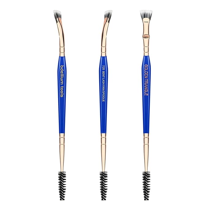 Bdellium Tools Professional Makeup Brush - Golden Triangle 728 Double-ended Bent Lash Fan/Spoolie - With All-Vegan Synthetic Fibers, For Achieving Clean, Clump-free Mascara Application (Blue, 1pc)