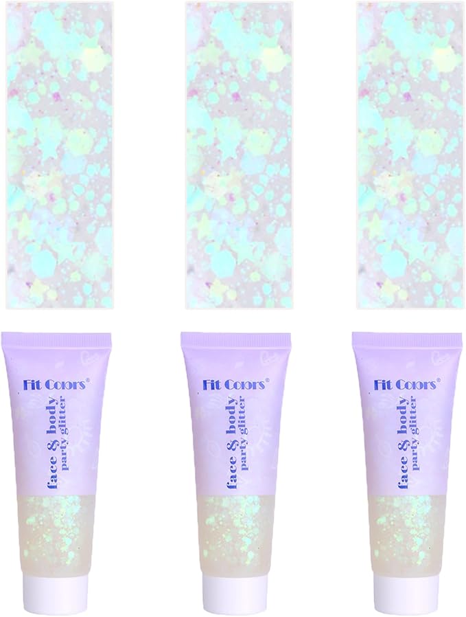 Face Body Glitter, Hair Glitter Sparkles Chunky Face Glitter Gel for Girls Makeup Singer Concerts Mermaid Festival Sequins Face Paint (3pc White)