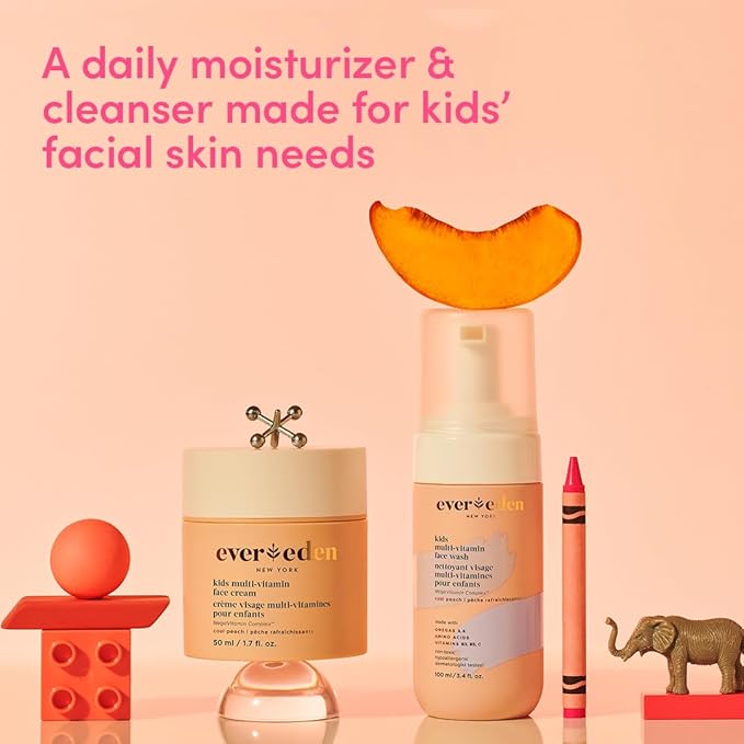 Evereden Kids Happy Face Duo (Cool Peach) - Multi-Vitamin Face Wash & Face Cream Set - Clean & Vegan Skin Care for Kids 3+ - Moisturizing, Nourishing, & Protective Skin Care Set