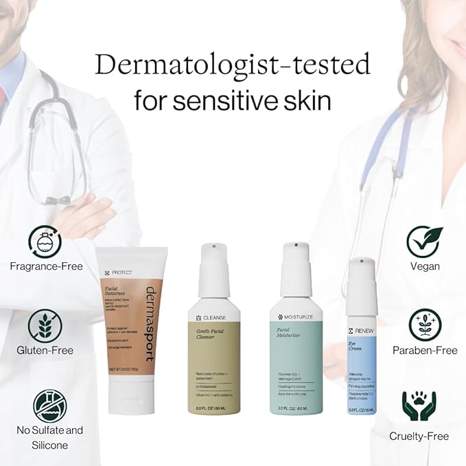 Dermasport Complete Skin Care Set for Athletes - Sport Sunscreen SPF 50, Facial Moisturizer, Eye Cream for Dark Circles, Facial Cleanser - All-in-One Natural Facial Care Solution for Healthy Skin