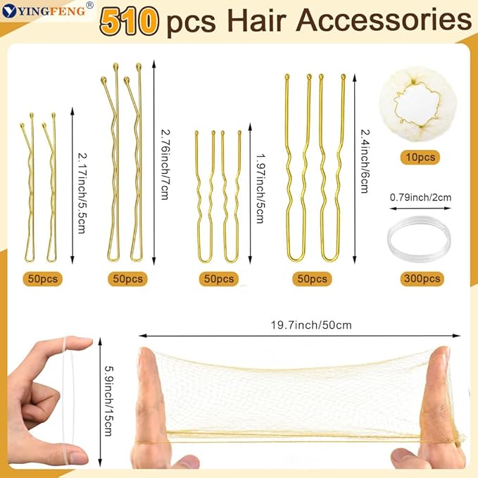 YINGFENG 510PCS Blonde Bobby Pins Hair Pins Kit with Hair Net, Includes 100 Bobby Pins for Women, 100 U Shaped Buns Hair Clips, 300 Hair Bands and 10 Blonde Hair Nets, Dance Competition Must Haves