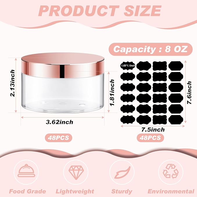 Uiifan 48 Pcs 8 oz Plastic Jars with Lids &labels, Empty Refillable Cosmetic Leak Proof Containers for Cream Body Butters Powder Ointment Lip Scrub(Clear with Rose Gold Lids)
