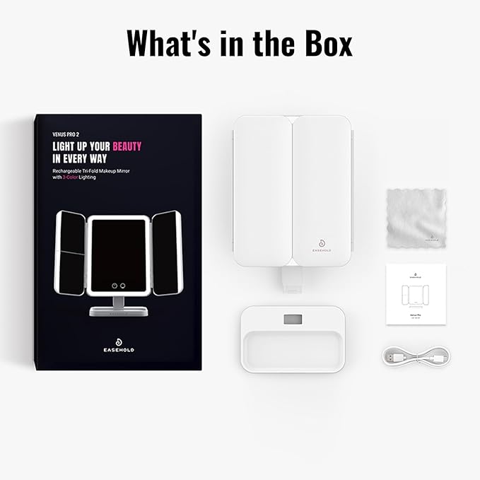 EASEHOLD Makeup Mirror with Lights, Rechargable Lighted Vanity Mirror with 116 LEDs, 1X/2X/3X Magnifying, 3-Color Mirror with LED Lights,5000 mAh Lighted Makeup Mirror, Adjustable Brightness/Angle