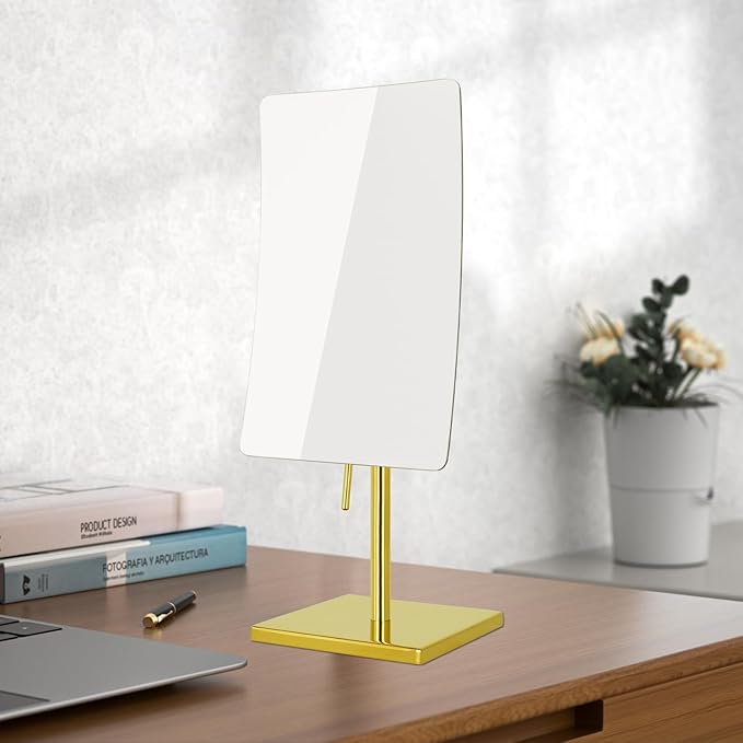 DOWRY 5X Tabletop Magnifying Makeup Mirror Adjustable Rectangular Vanity Mirror for Bedroom 304 Stainless Steel Gold Brushed