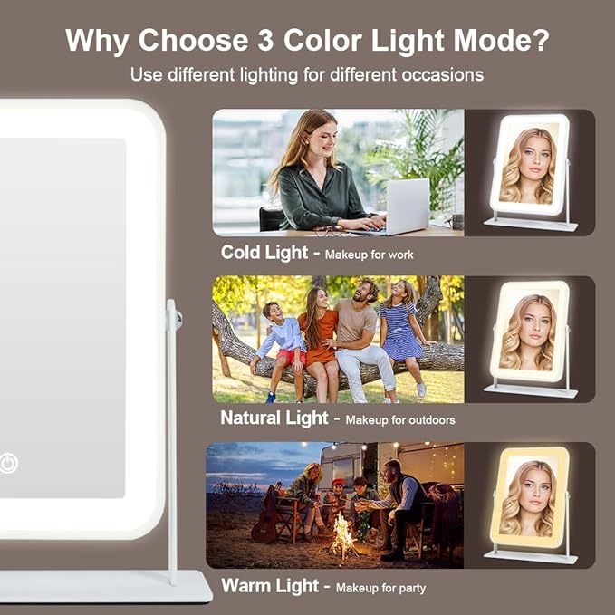 Rechargeable LED Vanity Mirror with Lights,11"×9" Small Desk Makeup Mirror with Lights,Smart Touch with 3-Color Lighting,Dimmable,for Birthday Gifts for Women,Home Dorm Decor
