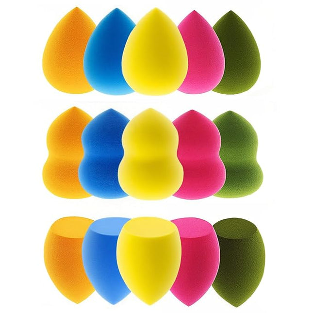 15 Pcs Makeup Sponges Set - 3 Shapes Multi-Colored Soft Cosmetic Sponges for Liquid, Cream & Powder Foundation, Concealer (Orange/Navy Blue/Yellow/Rose Red/Matcha Green)