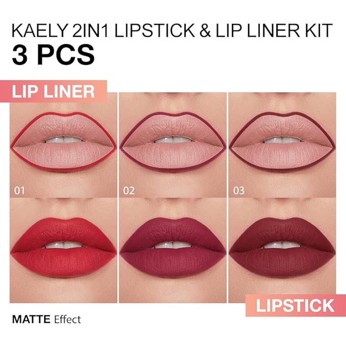 Kaely 3Pcs Gradient Matte Lipstick Lip Liner Pencil Set for Women, 2in1 Flawless Contour Gradual Ombre Effect Lip Pencil Makeup Waterproof, labiales mate 24 horas originales, 01+02+03