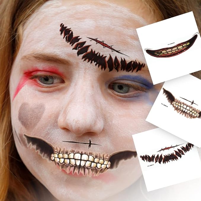 Halloween Prank Makeup Temporary Tattoo, Halloween Face Tattoos Scary Big Mouth Temporary Tattoo for Adults Kids (10 Pcs)