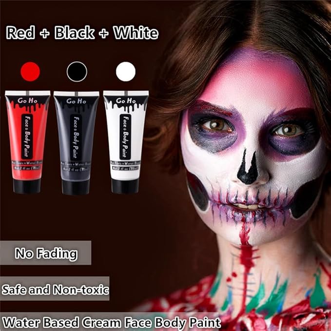 Go Ho White Black Red Face Body Paint Washable(7 oz) for Clown Makeup,Cream Water Based White Black Vampire Skeleton Clown Body Paint for Halloween Costumes Cosplay SFX Makeup
