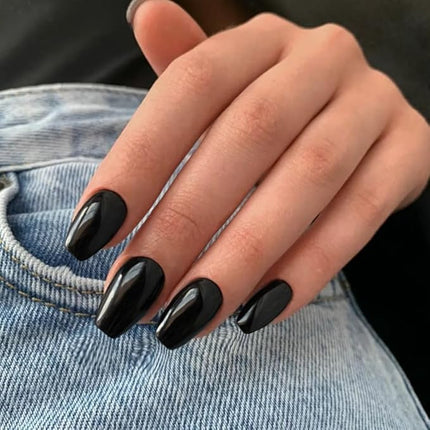 Black Press on Nails Medium Coffin Fake Nails Press ons, KXAMELIE Full Cover False Nails Tips Medium Length Glue on Nails Natural Thick Long Acrylic Nails 24Pcs Solid Color Coffin Nails for Women