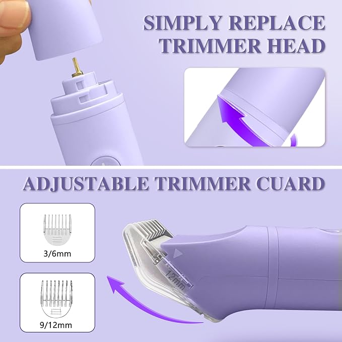 3-in-1 Bikini Trimmer for Women, IPX7 Waterproof Electric Shaver for Women-Rechargeable Electric Razors for Pubic, Facial & Body Hair Trimmer with LED Display, Travel Kit & Painless Blades (Purple)