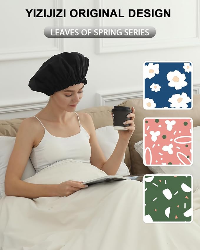 YIZIJIZI Shower Cap,Shower Caps for Women Reusable Waterproof,Two Layer Large Shower Caps Reusable Suitable for All Types of Straight Hair, Curly Hair, Long Hair,Braids (black)