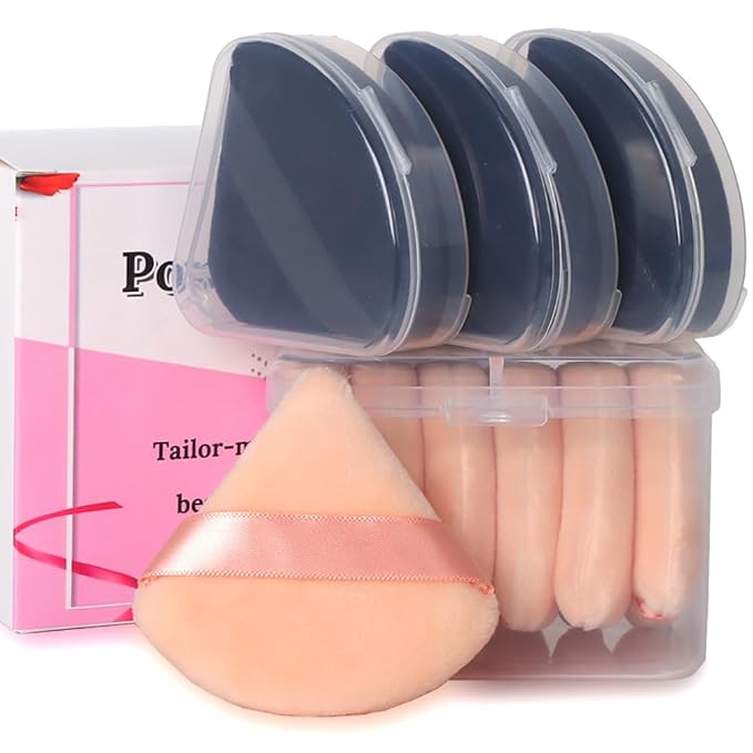 Ocim 10Pcs Triangle Powder Puffs for Face Powder,Soft Velour Triangular Beauty Puff,Makeup Pressed,Baking & Setting Powder Sponge Applicator Pads with Case,Black&Nude