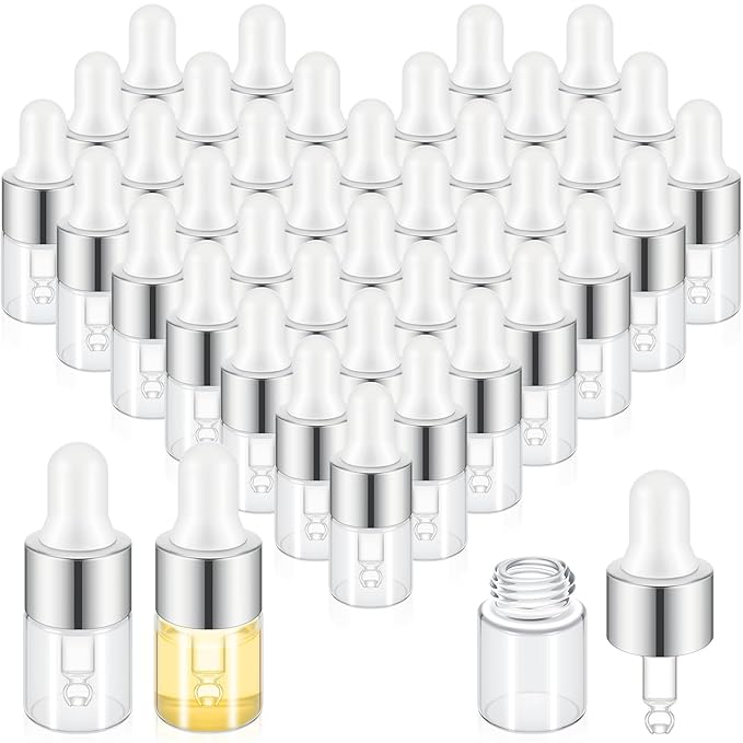 200 Pcs Mini Glass Oil Dropper Bottle Bulk, Clear Essential Small Empty Bottles Sample Containers Perfume Liquid Vials with Cap for Traveling (2 ml,Silver)