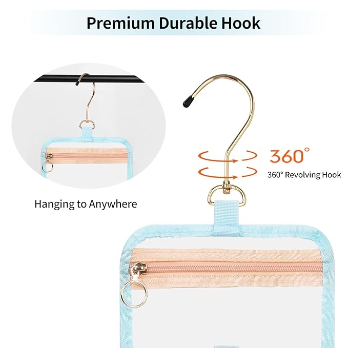 CUBETASTIC Hanging Travel Toiletry Bag, Clear Makeup Bag, Transparent 3 Comparment Small Travel Bag Cosmetic Organizer Case Portable Skincare Pouch with Handle (Blue, Small (Pack of 1))