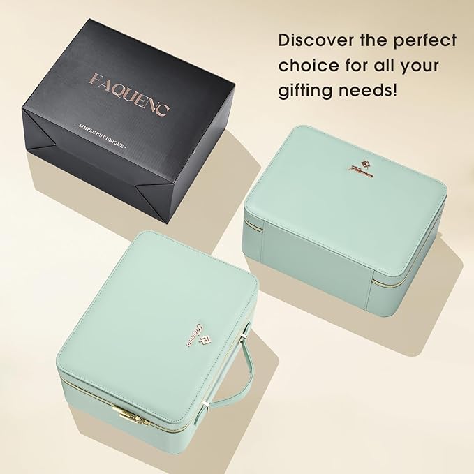 Leather Makeup Case with LED Lighted Mirror 11.4 Inch Travel Makeup Bag Adjustable Brightness in 3 Colors Cosmetic Organizer Artist Storage Bag with Dividers Brush Holder Storage Vanity Watery Blue