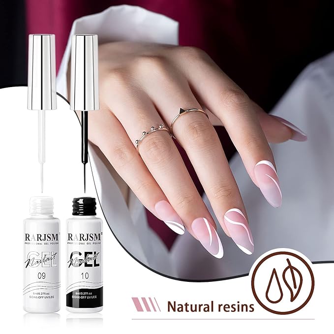 RARJSM Nail Art Gel,Liner Gel Polish,Black White Nail Design Polish Painted GelNailPolish Set 2Pcs Soak off Curing Requires 8ml Build in Thin Brush for Home Salon Diy Nails French Manicure Painting