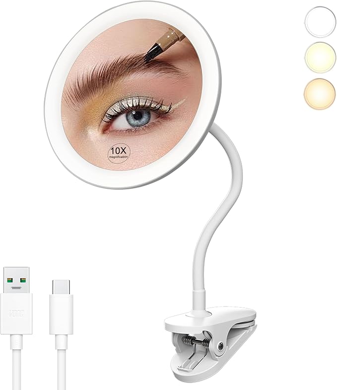 6.5" Clip on Vanity Makeup Mirror with Light, gooseneck Travel 10x Magnifying Mirror,USB Recharge (White 10X)