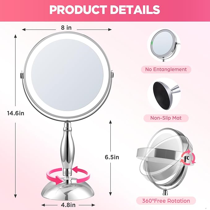 Lighted Makeup Mirror, Rechargeable 8" 3 Color Vanity Mirror, 15x Magnifying Mirror with Brightness Adjustable, 360° Rotation Double Sided Desk Mirror, STC- Side Charging & Side Touch Switch