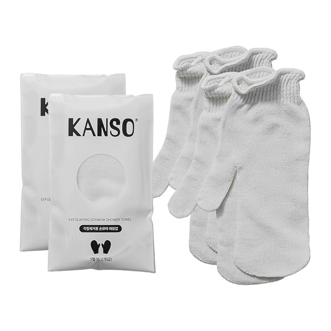 KANSO Exfoliating SONMOA Shower Towel – Natural Viscose Glove for Gentle Exfoliation, Chemical-Free, Hand-Sewn, Made in Korea (2-Pair Set)
