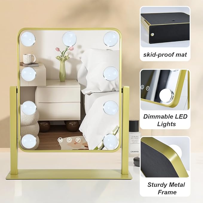Gold Light Up Vanity Mirror,Make Up Mirror with Lighting, Lighted Makeup Mirror with Magnification, Touch Control Design 3 Colors Dimmable