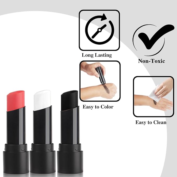 MEICOLY 3PCS Black White and Red Face Body Paint Stick,Waterproof Eye Black Baseball Softball Football,Face Paint Stick for Halloween SFX Cosplay Clown Skeleton Zombie Makeup