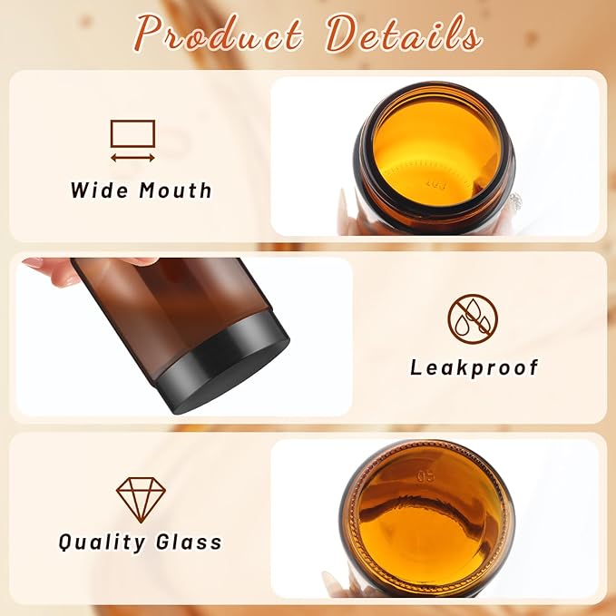8 Pcs Amber Glass Cream Jar Refillable Empty Cosmetic Storage Bottle Sample Container Pot with Black Lids for Make Up Lotion Face Cream - 150ml/5oz