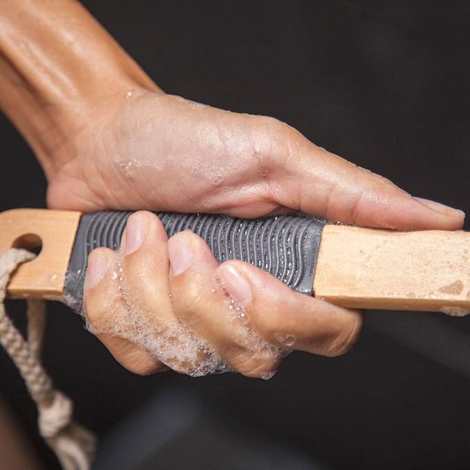 Loofah Back Scrubber for Shower | Bamboo Charcoal Fiber Infused | Loufas for Men & Women | Includes 1 Long Handled Shower Sponge, 1 Bath & Shower Luffa Pouf & 1 Hook to Hang Stuff (Slate Grey)